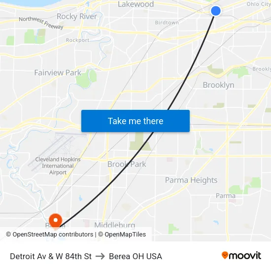 Detroit Av & W 84th St to Berea OH USA map