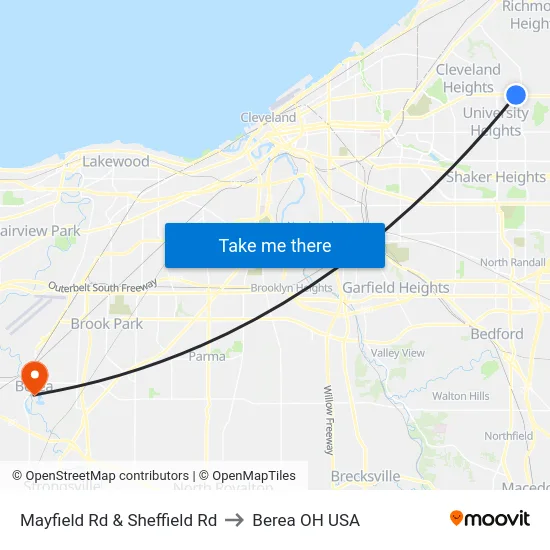 Mayfield Rd & Sheffield Rd to Berea OH USA map