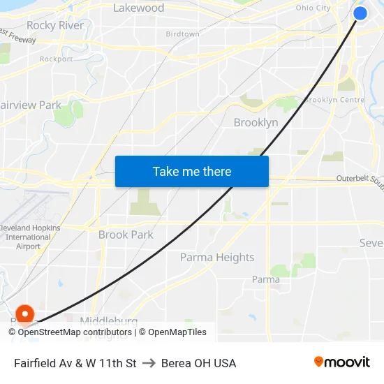 Fairfield Av & W 11th St to Berea OH USA map