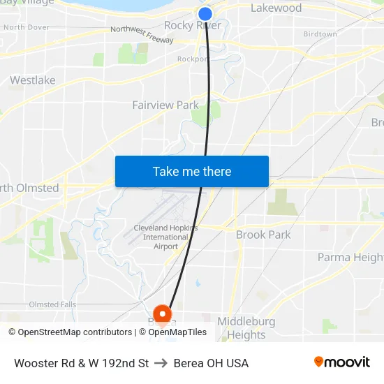 Wooster Rd & W 192nd St to Berea OH USA map