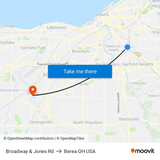 Broadway & Jones Rd to Berea OH USA map