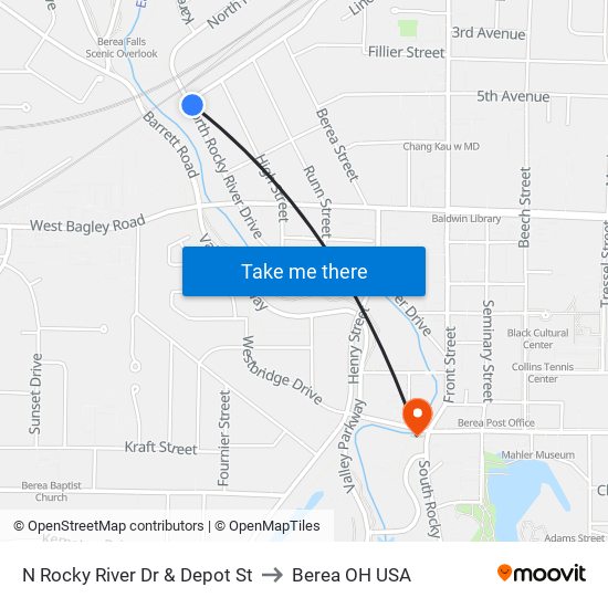 N Rocky River Dr & Depot St to Berea OH USA map