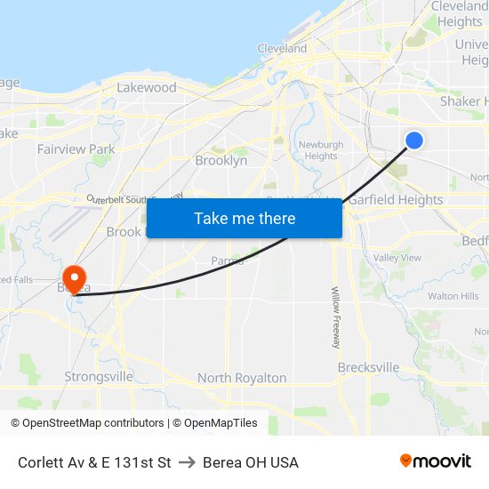 Corlett Av & E 131st St to Berea OH USA map