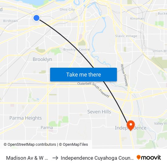 Madison Av & W 93rd St to Independence Cuyahoga County OH USA map