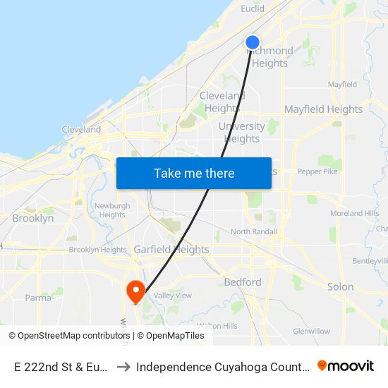 E 222nd St & Euclid Av to Independence Cuyahoga County OH USA map