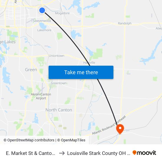 E. Market St & Canton Rd to Louisville Stark County OH USA map