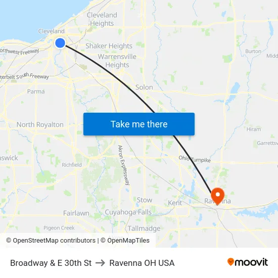 Broadway & E 30th St to Ravenna OH USA map