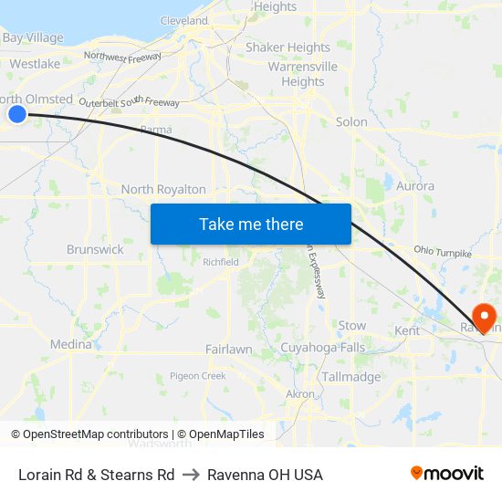 Lorain Rd & Stearns Rd to Ravenna OH USA map