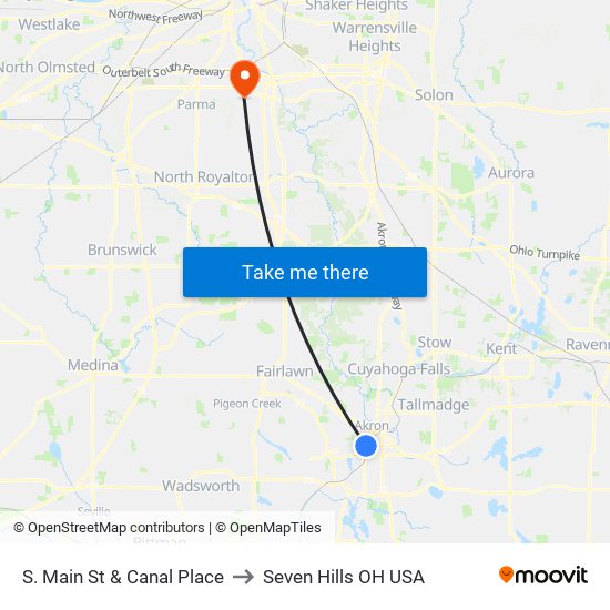 S. Main St & Canal Place to Seven Hills OH USA map