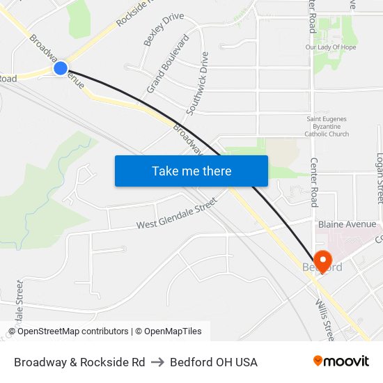 Broadway & Rockside Rd to Bedford OH USA map