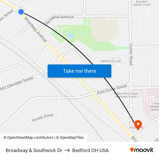 Broadway & Southwick Dr to Bedford OH USA map