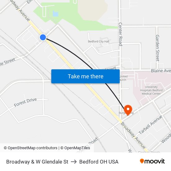 Broadway & W Glendale St to Bedford OH USA map