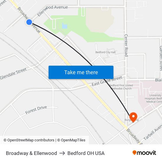 Broadway & Ellenwood to Bedford OH USA map