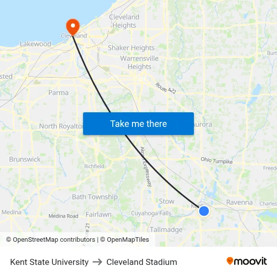 Kent State University to Cleveland Stadium map