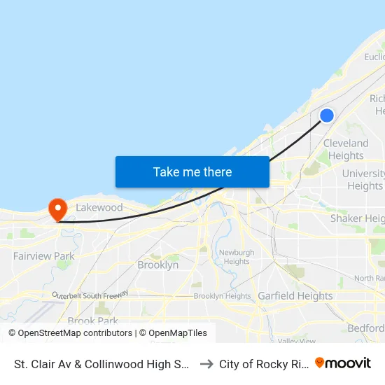St. Clair Av & Collinwood High School to City of Rocky River map