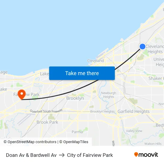 Doan Av & Bardwell Av to City of Fairview Park map