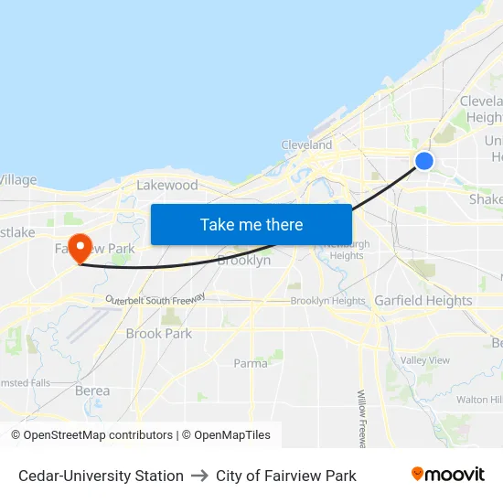 Cedar-University Station to City of Fairview Park map