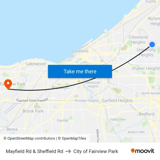 Mayfield Rd & Sheffield Rd to City of Fairview Park map