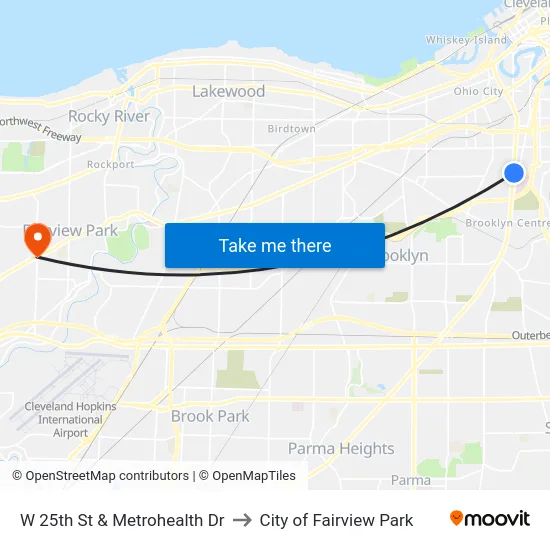 W 25th St & Metrohealth Dr to City of Fairview Park map