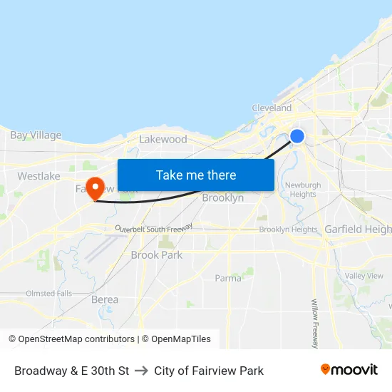 Broadway & E 30th St to City of Fairview Park map