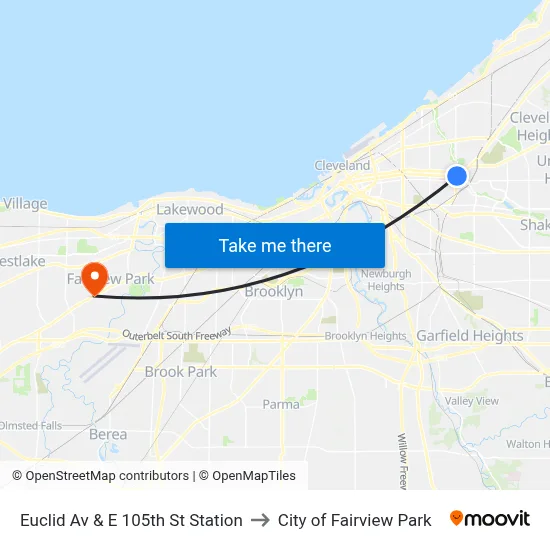 Euclid Av & E 105th St Station to City of Fairview Park map