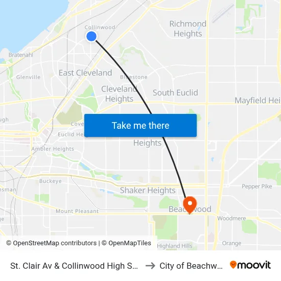 St. Clair Av & Collinwood High School to City of Beachwood map