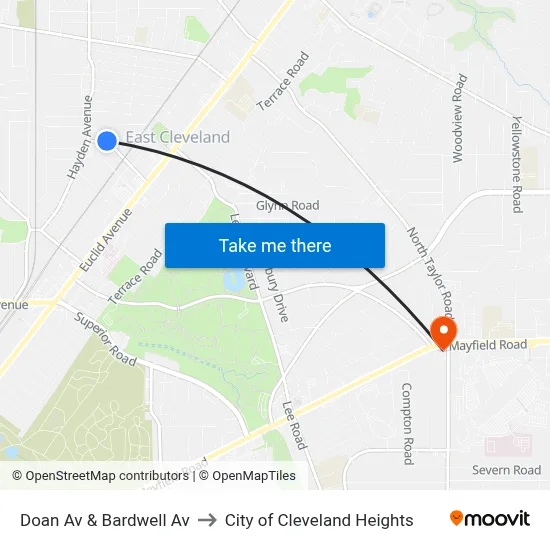 Doan Av & Bardwell Av to City of Cleveland Heights map