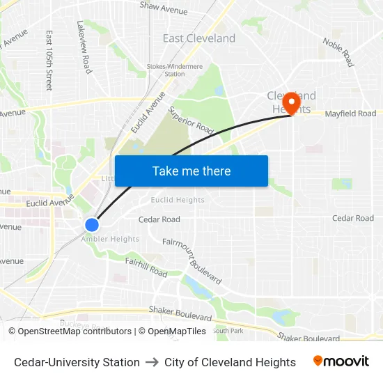 Cedar-University Station to City of Cleveland Heights map