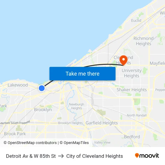 Detroit Av & W 85th St to City of Cleveland Heights map