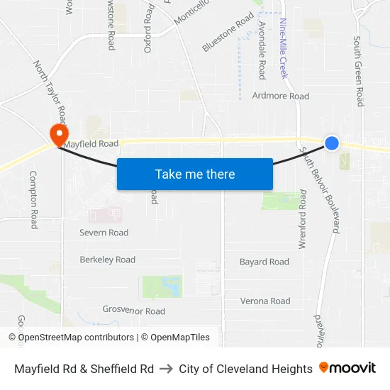 Mayfield Rd & Sheffield Rd to City of Cleveland Heights map