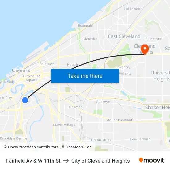 Fairfield Av & W 11th St to City of Cleveland Heights map