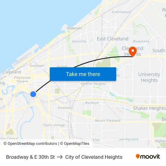 Broadway & E 30th St to City of Cleveland Heights map