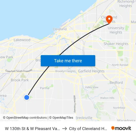 W 130th St & W Pleasant Valley Rd to City of Cleveland Heights map