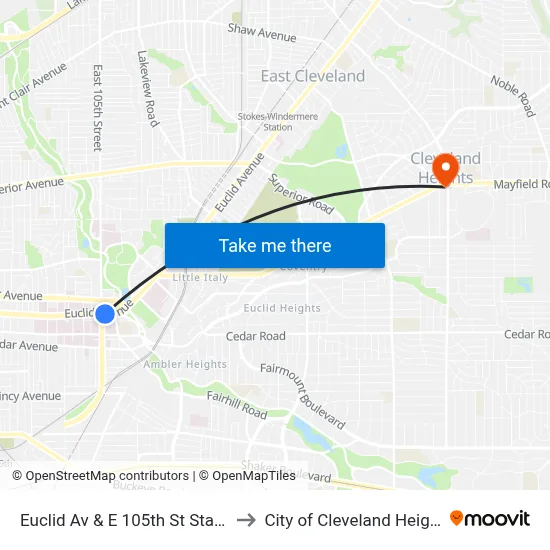 Euclid Av & E 105th St Station to City of Cleveland Heights map