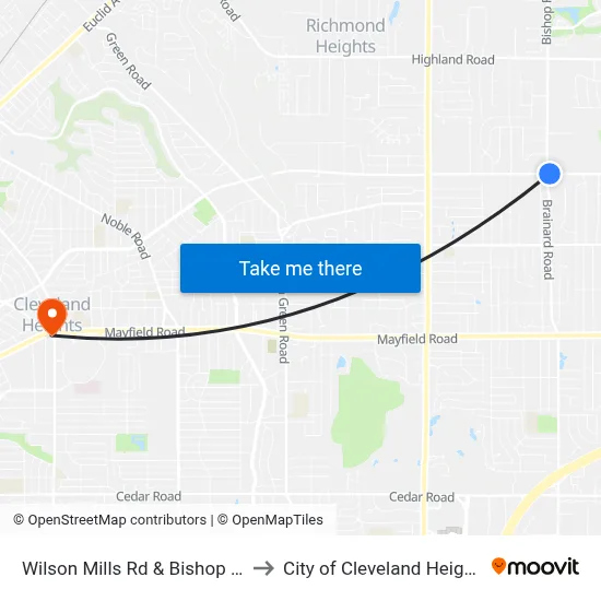 Wilson Mills Rd & Bishop Rd to City of Cleveland Heights map