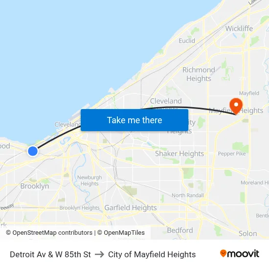 Detroit Av & W 85th St to City of Mayfield Heights map