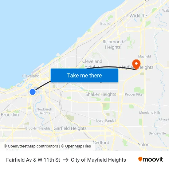 Fairfield Av & W 11th St to City of Mayfield Heights map