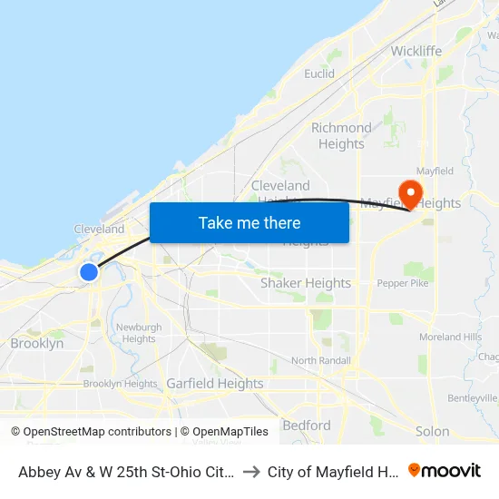Abbey Av & W 25th St-Ohio City Station to City of Mayfield Heights map