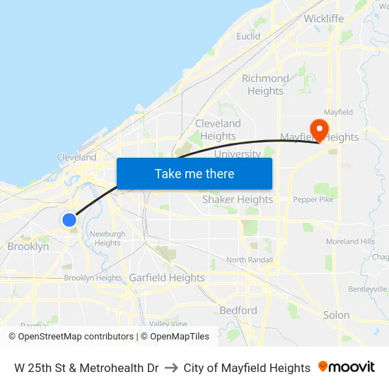 W 25th St & Metrohealth Dr to City of Mayfield Heights map
