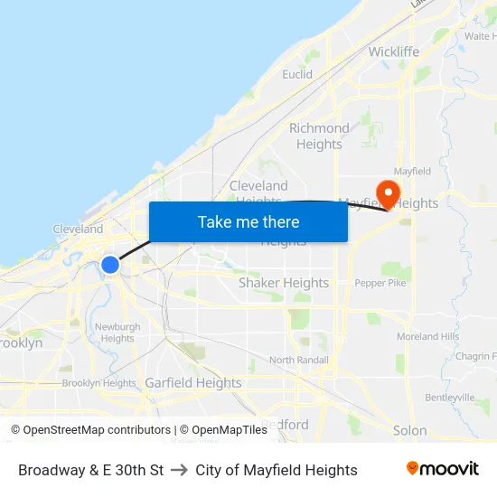 Broadway & E 30th St to City of Mayfield Heights map