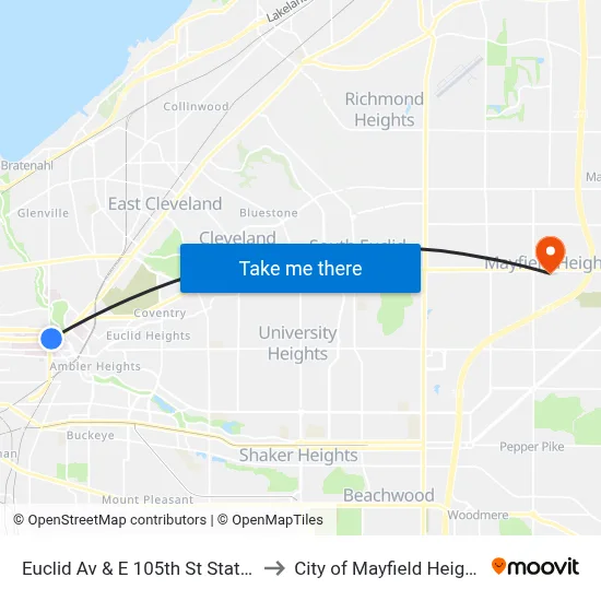 Euclid Av & E 105th St Station to City of Mayfield Heights map