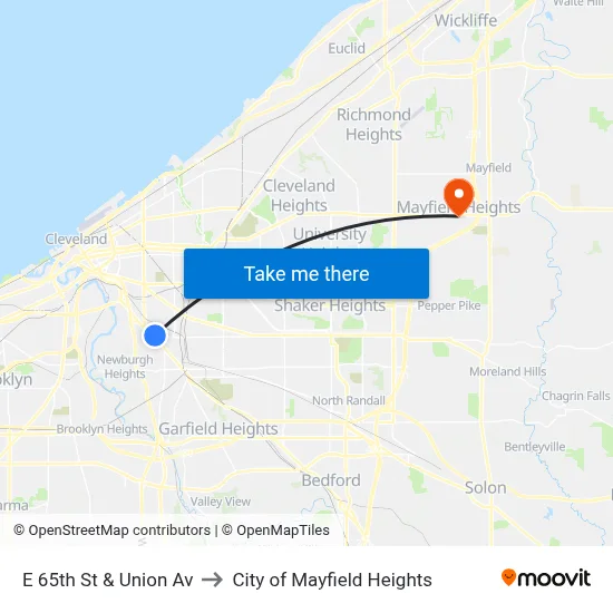 E 65th St & Union Av to City of Mayfield Heights map