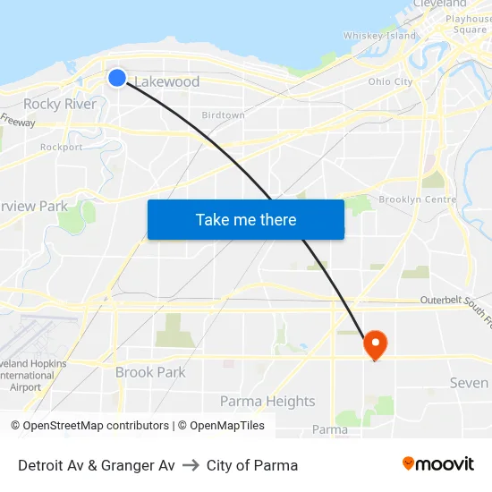 Detroit Av & Granger Av to City of Parma map