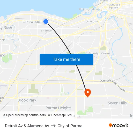 Detroit Av & Alameda Av to City of Parma map