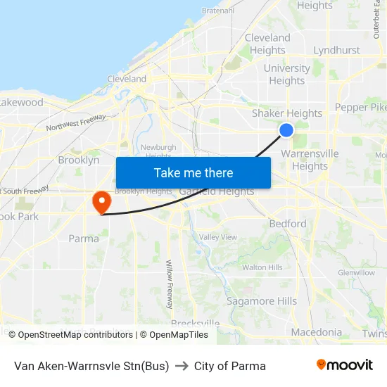 Van Aken-Warrnsvle Stn(Bus) to City of Parma map