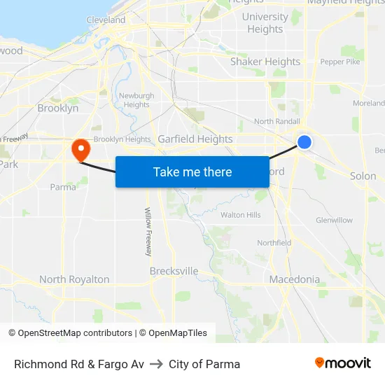 Richmond Rd & Fargo Av to City of Parma map