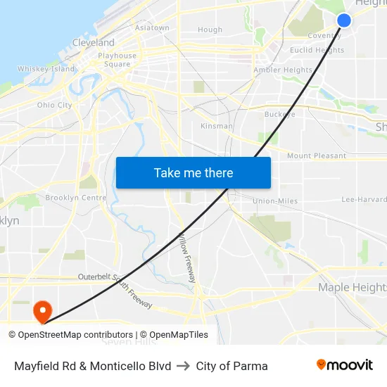 Mayfield Rd & Monticello Blvd to City of Parma map