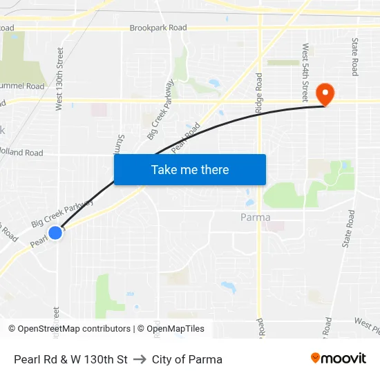 Pearl Rd & W 130th St to City of Parma map