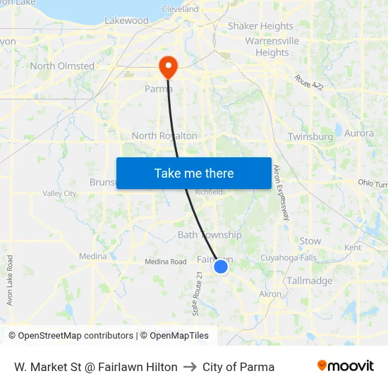 W. Market St @ Fairlawn Hilton to City of Parma map