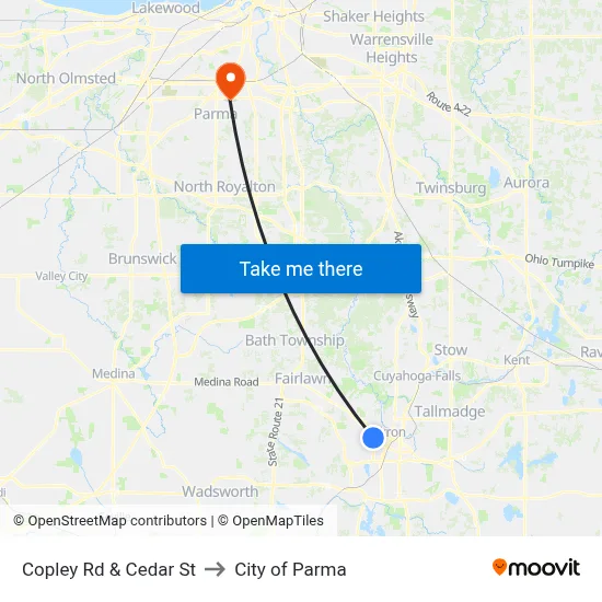 Copley Rd & Cedar St to City of Parma map
